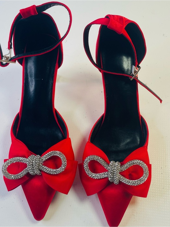 Source Unknown Shoes - Source Unknown Red Pointed-Toe Heels with Bow and Crystal Accent